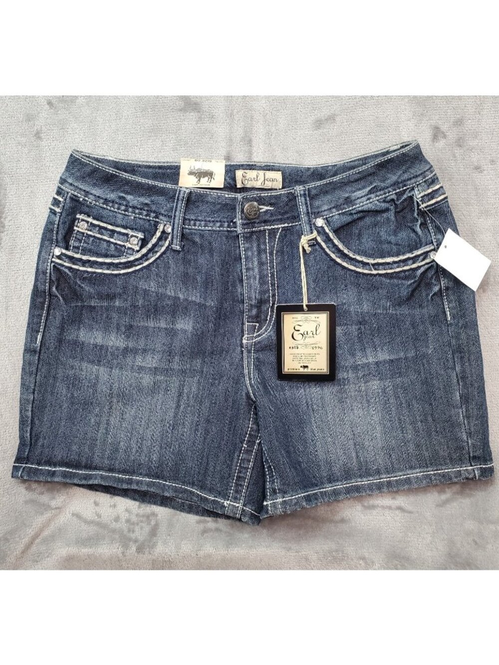NEW Earl Jeans Denim Shorts Premium Women Size 8 Dark Blue Thick Stitch Stretch